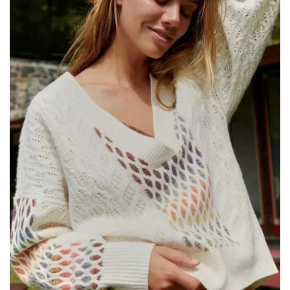 Anthropologie Maeve V-Neck Cable-Knit Lamb's Wool Sweater Women’s Size XL Ivory - Picture 2 of 12